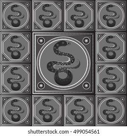 Maya art boho pattern with snake. Ethnic geometric print. Aztec background texture. Fabric, cloth design, wallpaper, wrapping, packaging. Vector illustration.