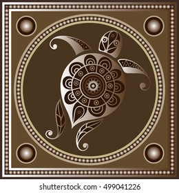 Maya art boho pattern with turtle (tortoise, terrapin). Ethnic geometric print. Aztec background texture. Fabric, cloth design, wallpaper, wrapping, packaging. Vector illustration.