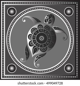 Maya art boho pattern with turtle (tortoise, terrapin). Ethnic geometric print. Aztec background texture. Fabric, cloth design, wallpaper, wrapping, packaging. Vector illustration.