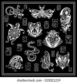 Maya art boho vector illustration. Ethnic aztec set. Suitable for invitation, flyer, sticker, poster, banner, card, label, cover, web. 