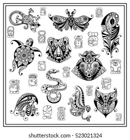 Maya art boho vector illustration. Ethnic aztec set. Coloring book page. Suitable for invitation, flyer, sticker, poster, banner, card, label, cover, web. 