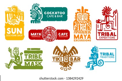 Maya and Aztec business corporate identity icons. Vector Mayan and Aztec symbols, souvenir shop or food cafe bar and Mexico historic travel trip excursion agency