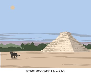 Maya, Aztec, Inca Civilization, city in the jungles, black panther and Mayan temple, panther at sunset, vector illustration.