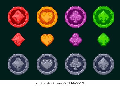 Maya or Aztec Playing card icons in stone frame for your slot games. Symbols heart, spade, diamond, and club