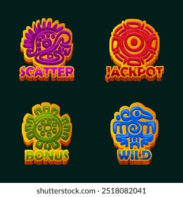 Maya or Aztec symbols for 2D game assets. Golden symbols Wild, Scatter, Bonus and Jackpot for your slots games