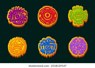 Maya or Aztec symbols, colored hieroglyphs of the Maya calendar. Icons for your for your casual game or slot. 2D game assets