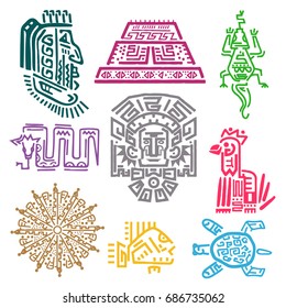 Maya and Aztec symbols. Cultures and history concept, bright iconographic mythological ornaments for decor. Vector flat style illustration isolated on white background