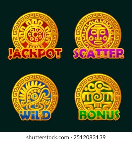 Maya or Aztec symbols in ornament frame. Golden symbols Wild, Scatter, Bonus and Jackpot for your slots games