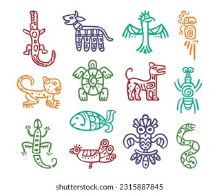 Elementos aislados del tótem azteca maya. Señales de ídolos de sudamérica, águila y pescado. Íconos indígenas abstractos de méxico tribal. Decoraciones vectoriales clásicas