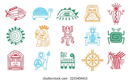 Símbolos de tótem azteca maya aislados. carteles mexicanos, sol, tortuga, cabezas de tiki. Iconos indígenas de dios tribales. Chameleon abstracto, conjunto vector decente