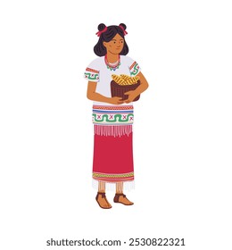 Mulher tribal local maia ou asteca com tigela de milho em traje étnico tradicional. Caráter feminino aborígine do desenho animado com comida de vegetais, cultura da civilização antiga. Ilustração em plano vetorial