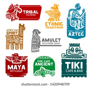 Maya and Aztec tribal signs, corporate business identity icons. Vector Mayan and Aztec birds and animals ethnic symbols of fish cafe, restaurant or cafe and bar, souvenirs art shop and tourism