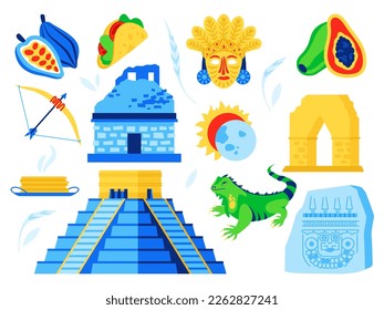Maya and Aztecs - flat design style illustration set. High quality colorful images of ancient pyramid, chiefs golden mask, iguana, stone dwelling, tablet, tacos, papaya and cocoa. Civilization idea