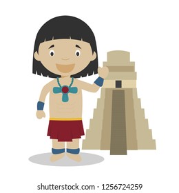 Maya cartoon character with a typical sacred temple. Vector Illustration. Kids History Collection.