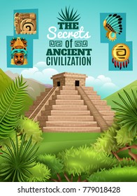 Maya cartoon poster with elements of ancient aztec culture and chichen itza pyramid image on mexico nature background vector illustration 