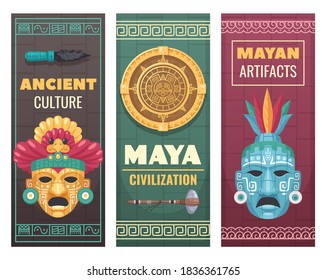 Maya civilization ancient culture textile stone artifacts museum exhibit advertisement announcement 3 cartoon ornamental banners vector illustration 