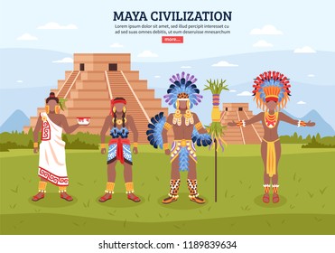 Maya civilization background composition with flat human characters editable text pyramid buildings and read more button vector illustration