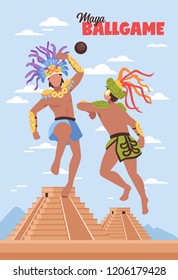 Maya civilization backround vertical composition of two ancient human characters playing ball in front of pyramids vector illustration