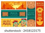 Maya civilization banners. Ancient Mayan calendar, pyramids and Mesoamerican traditional artifacts vector design template set of aztec culture inca, banner mexico illustration