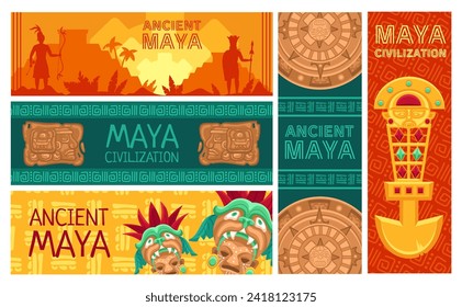 Banderas de la civilización maya. Anciano calendario maya, pirámides y artefactos tradicionales mesoamericanos modelo de diseño vectorial de cultivo azteca inca, pancarta ilustración méxico