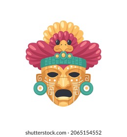 Composición de dibujos animados de la civilización maya con imagen aislada de máscara con pájaro en fondo blanco ilustración vectorial