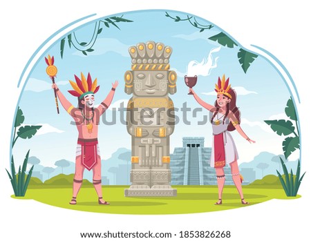 Maya civilization cartoon concept with ancient culture symbols vector illustration