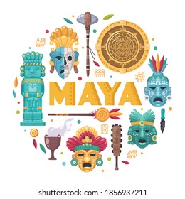 Concepto de caricatura de la civilización maya con cultura y tradiciones símbolos vectores ilustración