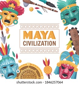 Maya civilization cartoon poster with national culture  symbols vector illustration