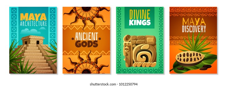 Maya civilization cartoon posters with divine kings ancient gods architecture landmark decorative symbols isolated vector illustration