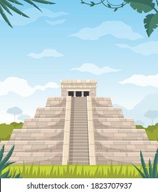 Maya civilization culture architecture cartoon image of ancient staircase monument pyramid temple vector illustration