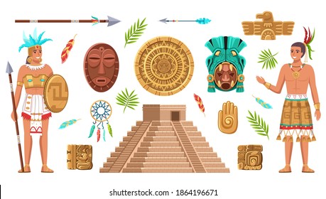 Maya civilization culture. Incas and aztec ancient art, ethnic artifacts and sign collection, indian people, historical heritage and landmarks, religion masks and pyramid vector cartoon isolated set