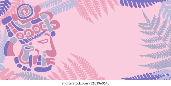 Maya civilization drawing, fern leaves, signs and symbols of ancient peoples on a pink background