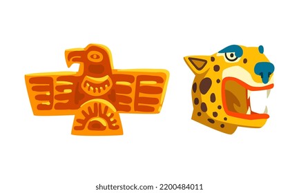 Maya Civilization Ethnic Symbols with Animal Head and Bird Totem Vector Set