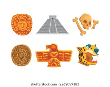 Maya Civilization Ethnic Symbols with Chichen Itza City, Skull, Shield and Totem Vector Set