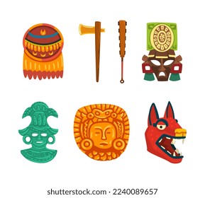 Maya Civilization Ethnic Symbols with Ornamental Plate, Carved Mask, Hatchet and Wolf Head Vector Set