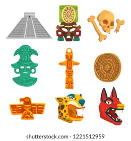 Maya civilization ethnic symbols set, American tribal culture elements vector Illustration on a white background