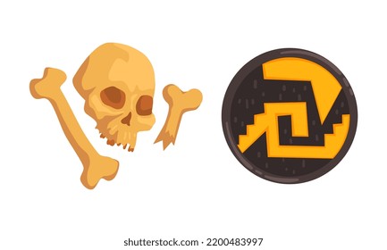 Maya Civilization Ethnic Symbols with Shield and Skull with Bones Vector Set