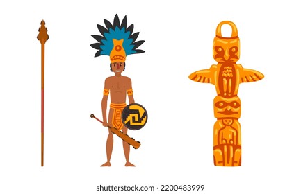 Maya Civilization Ethnic Symbols With Warrior Holding Shield And Bludgeon And Animal Totem Vector Set