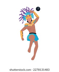 Maya civilization flat mayan man wearing traditional costume playing with ball vector illustration