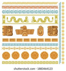Maya civilization graphics patterns. Aztec decoration elements frames and borders, inca ancient art symbols and architecture fragments mexico traditional religion ornaments vector cartoon isolated set