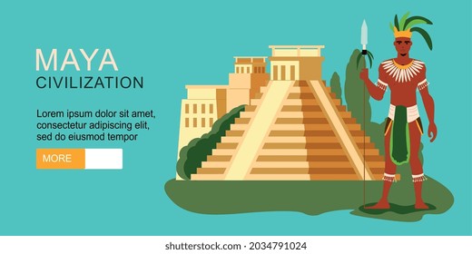 Maya civilization horizontal banner with ancient mayan pyramid warrior and editable text on color background flat vector illustration