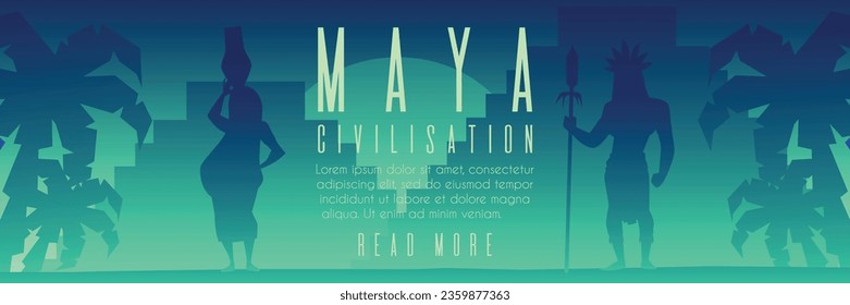 Banner horizontal de la civilización maya, ilustración vectorial plana. Silhouette de mayas, guerrero con lanza y mujeres con jarrón en la cabeza. Cultura y tradiciones.