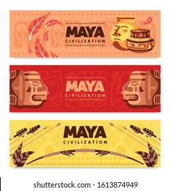Maya civilization horizontal banners mayan mask  idols and elements  of traditional  mayan culture cartoon vector illustration  