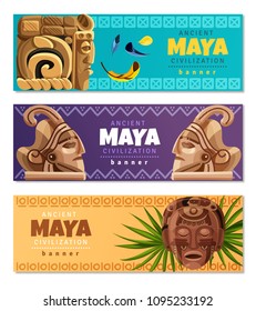 Maya Civilization Horizontal Banners With Symbols Of Traditional Mayan Culture History And Religion Isolated Vector Illustration  