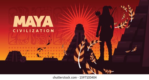 Maya civilization horizontal vector illustration with silhouette of indian looking at at kukulkan pyramid on sunrise background 