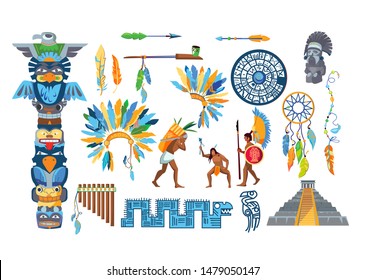 Maya civilization item set. Tribal rituals, feathers, decoration, Aztecs. History concept. Vector illustrations can be used for tribe, ethnicity, culture