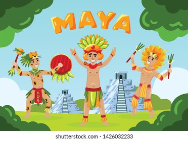 Maya civilization landscape composition with text and cartoon style mayan tribe members in front of pyramids vector illustration