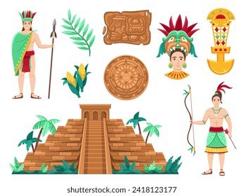 La civilización maya. Pirámide majestuosa, antigua rueda de calendario maya, gente adornada con toallas tradicionales y prendas de vestir ilustraciones vectoriales conjunto de la civilización de la pirámide maya cultura antigua