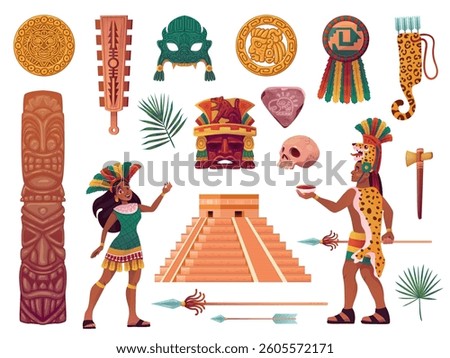 Maya civilization. Mayan aztec inca culture elements, mexico peru teotihuacan ancient archeology artifact statue indian god totem pyramid, cartoon set swanky vector illustration
