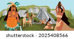 Maya civilization with mayan natives on background with ancient pyramid buildings and green trees flat vector illustration